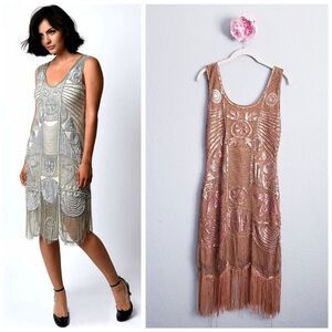 Unique Vintage 1920s Style Bronze Hand Beaded Fringe Bosley Flapper Dress